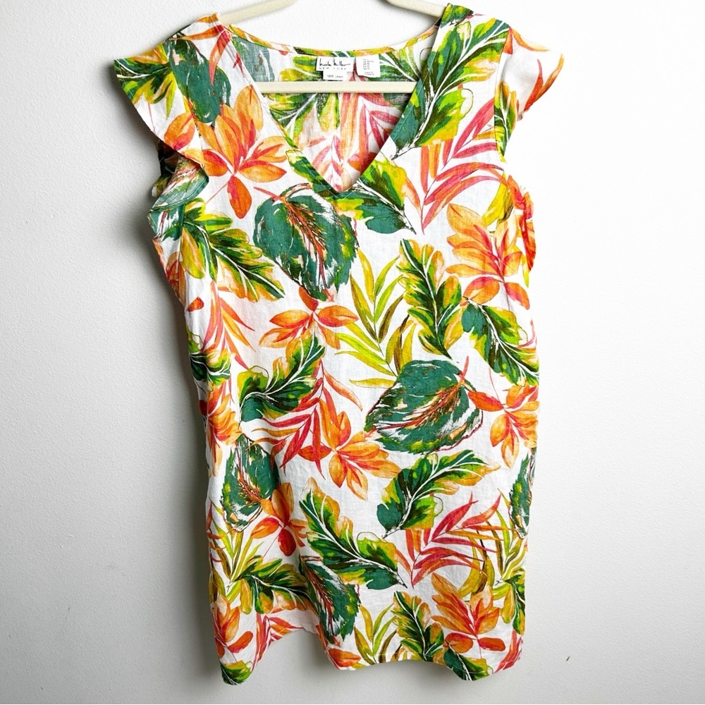 Nicole Miller New York 100% Linen Tropical palm printed dress size: XL